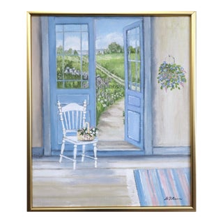 Mid-Century Modern 'Open Doors to Summer' Vintage Swedish Interior Scene Oil Painting, Framed For Sale