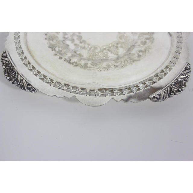Silver Vintage 9.75” Silver Tray With Shell Detail Corners, Round Silver Plated Dish With Pierced Cutout and Tulip Design For Sale - Image 8 of 8