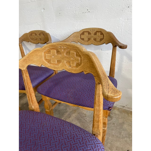 Set of 6 Oak Scandinavian Modern Dining Chairs by Henning Kjaernulf. Needs uphosltery.