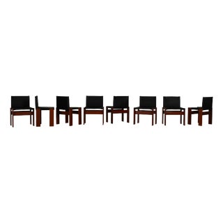 Vintage Monk Chairs in Black Leather and Mahogany by Afra & Tobia Scarpa for Molteni, 1973, Set of 8 For Sale