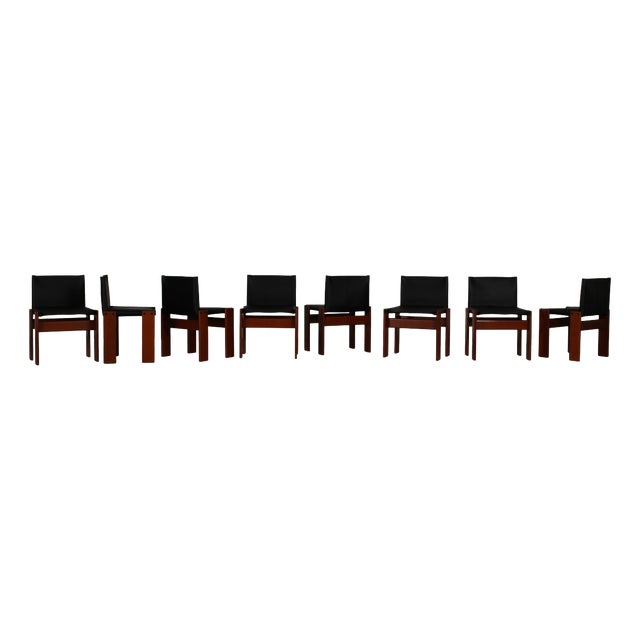 Vintage Monk Chairs in Black Leather and Mahogany by Afra & Tobia Scarpa for Molteni, 1973, Set of 8 For Sale