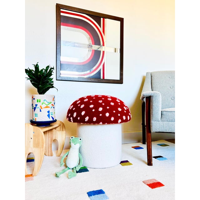 A handmade mushroom shaped ottoman, upholstered in a dotted wool blend fabric to resemble a fly agaric mushroom. Perfect...