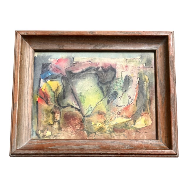 1940’s Original Surreal Abstract Expressionist Watercolor Painting Vintage Oak Frame For Sale