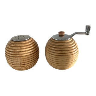 Vintage 1970s Blonde Wood Beehive Salt & Pepper Shakers- a Pair For Sale