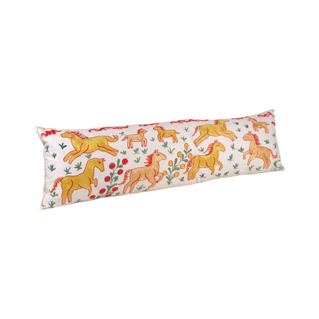 Mid-Century Modern Uzbek Suzani Pillow Cover, Yellow Horse Design, 18'' X 60'' For Sale - Image 3 of 5