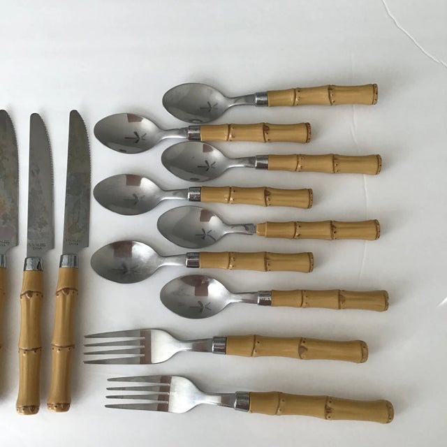 1990s Bamboo Vintage Tableware Bamboo Handle Stainless Flatware Set of 16 Pieces For Sale - Image 5 of 10
