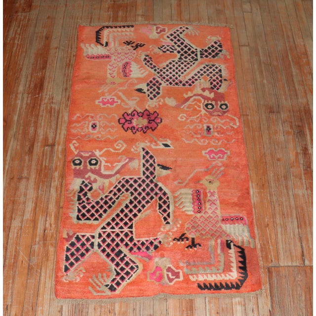 Folk Art Zabihi Collection Orange Dragon Vintage Tibetan Rug - 3'1" x 5'9" For Sale - Image 3 of 9