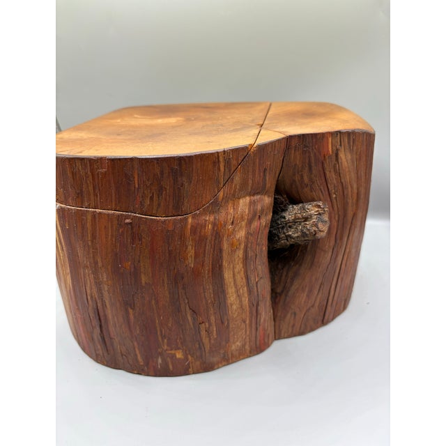Vintage unique cedar wood muster box with suggestive trunk/branch design. Live wood edge front. Finished in back and on...