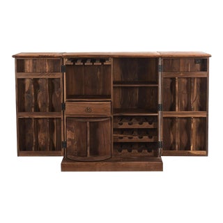 1990s Solid Wood Carved Serving Liquor Bar Cabinet with Wine Rack For Sale