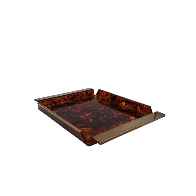 Brass and tortoiseshell acrylic glass tray / vide poche Italy 1970s brass, acrylic H 4 cm x 54 × 38 cm Conditions:...