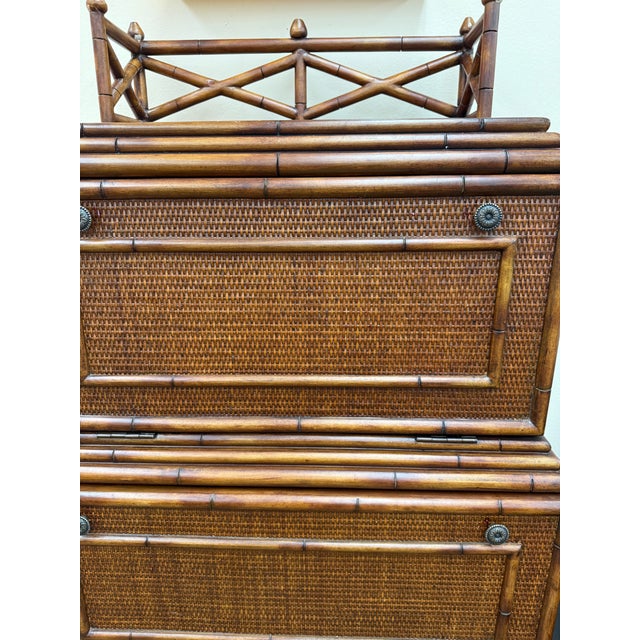 British Colonial Style Woven Rattan and Faux Bamboo Cabinet That Converts to a Secretary, C 1970's For Sale - Image 9 of 11