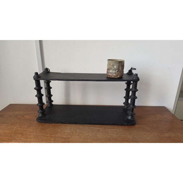 Folk Art Vintage Wooden Black Tiered Shelf, Turned Spindle Display Stand, Rustic 2 Tier Wall Shelf, Folk Art Wood Rack, Cottage Decor For Sale - Image 3 of 17
