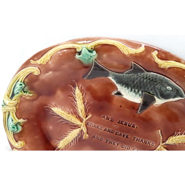 Antique Victorian Majolica Bread Serving Tray With Unusual Fish & Wheat Motif & Religious Motto For Sale - Image 4 of 13