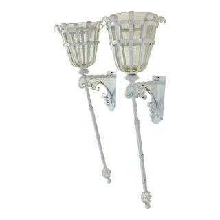 Large Vintage White Ornate Twisted Wrought Iron & Glass Indoor/Outdoor Candle Wall Sconces - a Pair For Sale