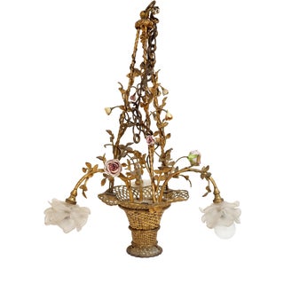 Four-Light Brass and Braided Brass Basket Pendant Light For Sale