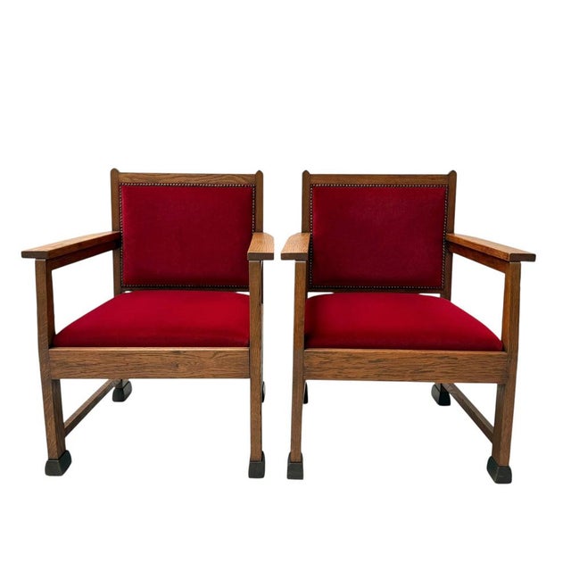 Art Deco Lounge Chairs in Oak and Velvet by Architect Schubad, 1920s, Set of 2 For Sale - Image 10 of 16