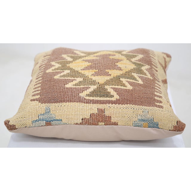 Tribal Arteverk Handwoven Afghan Kilim Pillow — Brown & Gold Diamond Medallion For Sale - Image 3 of 3