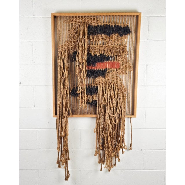 Crazy Good & Unique Woven Textile Wall Hanging In A Solid Ash Frame. Earth Toned Rope, Along With Orange & Black Shag...