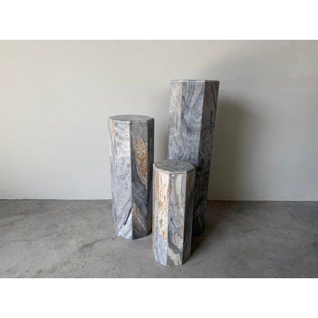 Stone Gray 1980’s Postmodern Octagonal Marble Pedestals – Set of 3 For Sale - Image 8 of 12