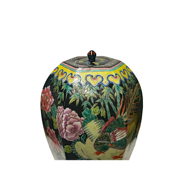 1980s Oriental Vintage Black Base Color Flower Bird Hexagonal Porcelain Jar For Sale - Image 5 of 7