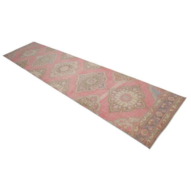 1960s Traditional Turkish Runner Rug Hand Knotted Distressed Low Pile Pink Hallway Decor For Sale - Image 6 of 10