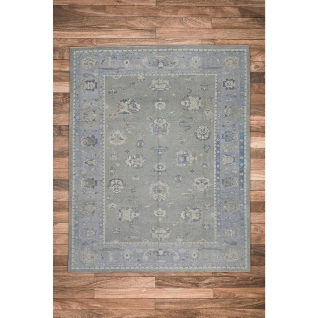 Textile Early 21st Century Gray & Blue Handwoven Wool Turkish Oushak Rug – Floral Design, 8'10" X 11'10" For Sale - Image 7 of 8