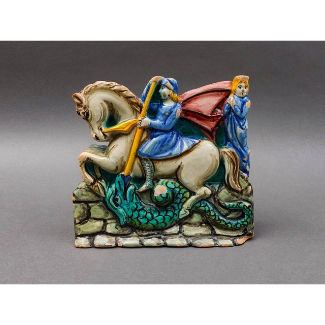 Italian Vintage Italian St George Slaying Dragon Terracotta Plaque Bookends - a Pair For Sale - Image 3 of 10