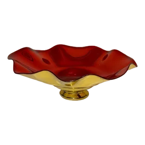 1970s Hand Blown Mexico Fluted Edge Red Gold Mercury Glass Style Bowl