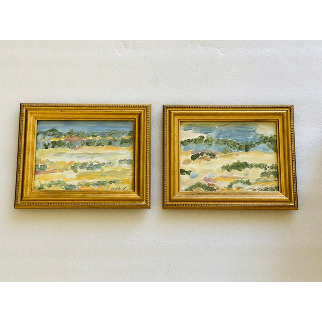 Pair of contemporary abstract landscape mixed media on paper original artwork by Mariana Shulga Ibiza Landscape.