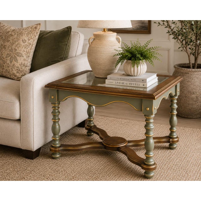 Spanish Revival Mid 20th Century Spanish Revival Accent Table in Sagewood Green, Satin Walnut & Gilded Gold For Sale - Image 3 of 3