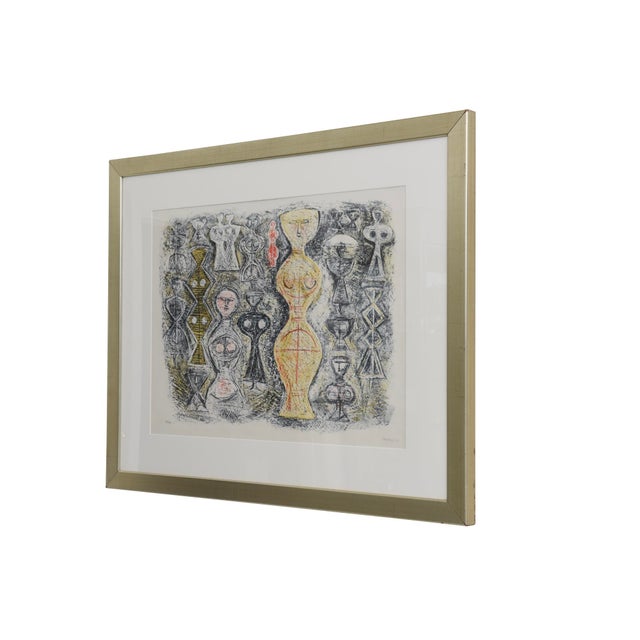 This dynamic limited edition signed stone lithograph by the artist Massimo Campigli is from 1961 and is an edition of...