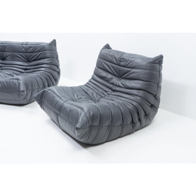Togo Set in Grey Leather by Michel Ducaroy for Ligne Roset, 1990s, Set of 2 For Sale - Image 6 of 15