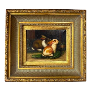 Antique Original Oil Painting of Two Rabbits For Sale
