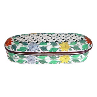 Bristol Pearlware Toothbrush Box With Pierced Cover and Enamel-Painted Flowers For Sale