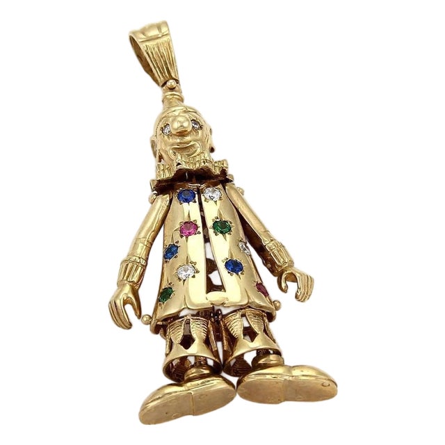 Mid 20th Century Diamond & Gems 9k Yellow Gold Animated Large Clown Charm Pendant For Sale