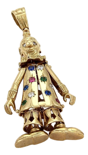 Mid 20th Century Diamond & Gems 9k Yellow Gold Animated Large Clown Charm Pendant