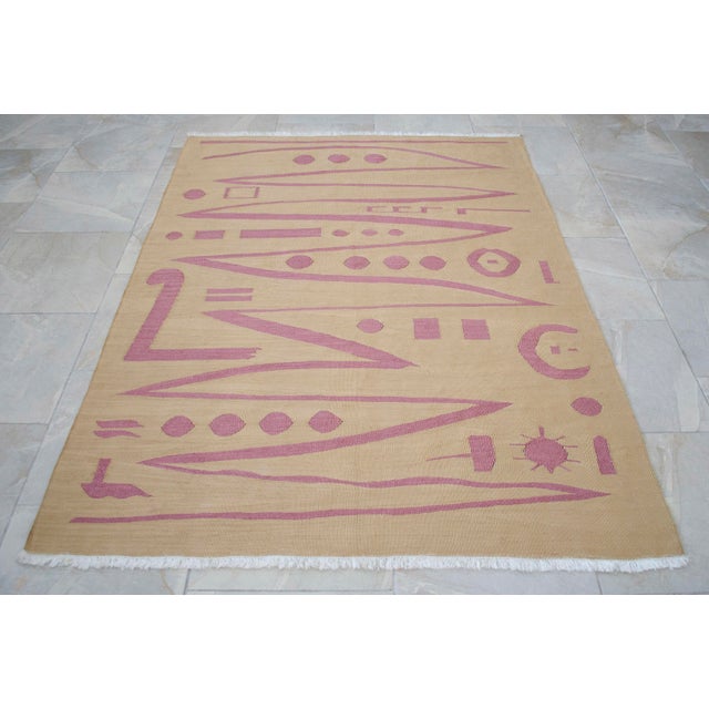 Handmade Modern Silk Rug Paul Klee Inspired Oushak Kilim Modernist Bauhaus Style Pink Beige 4x6 Ft Approx For Sale - Image 16 of 18