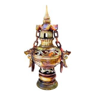 Antique Chinese Jade Censer With Stone Chain and Guardian Lions – Qing Dynasty For Sale