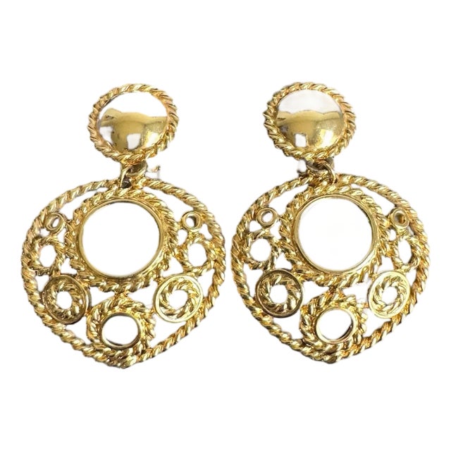Vintage Gold Tone Filigree Earrings Clip-on Dangle Drop 90s Statement Jewelry For Sale