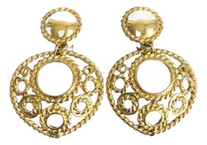 Vintage Gold Tone Filigree Earrings Clip-on Dangle Drop 90s Statement Jewelry