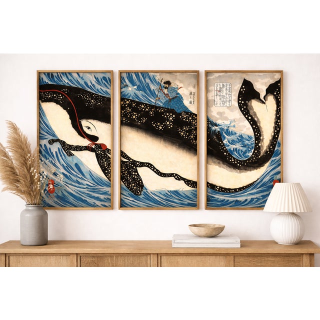 A dramatic three-panel composition depicting Miyamoto no Musashi confronting a giant whale, originally created by Utagawa...