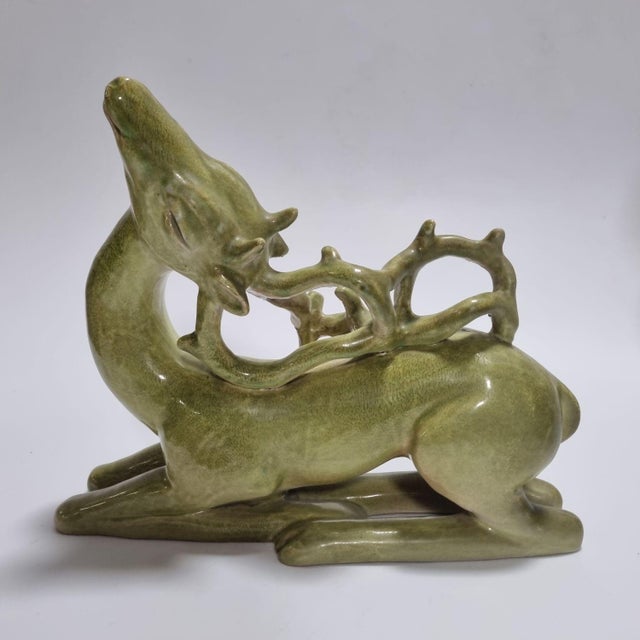 Art Deco Italian Glazed Ceramic Recumbent Deer Sculpture from Fidia Milano, 1940s For Sale - Image 9 of 15