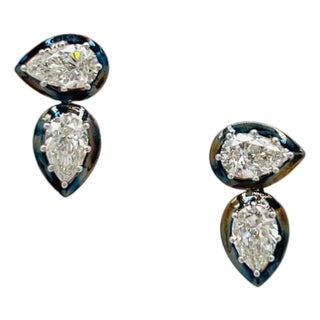 Half Carat Each Diamond Pear Shape Earrings in Black Rhodium & 18k Gold For Sale