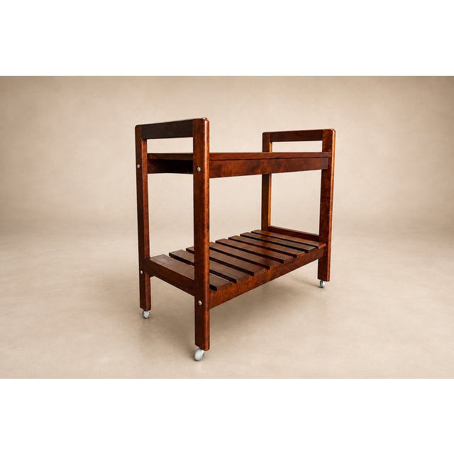 Brazilian Modern Bar Cart in Imbuia Wood With Two Tiers and Slatted Shelf, Brazil, 1960s For Sale - Image 10 of 18