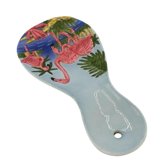 Mid-Century Hand Painted 3d Flamingo on a Tropical Beach Themed Spoon Rest For Sale - Image 4 of 6