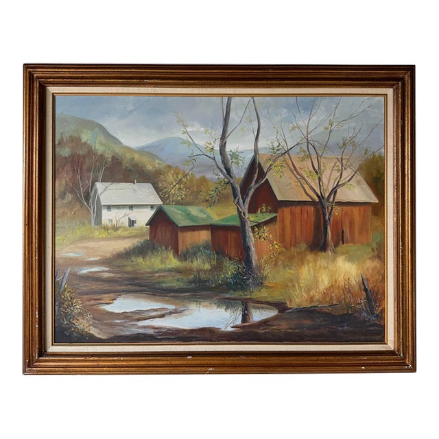 1970s Vintage Rural Autumn Landscape Oil on Canvas Painting – Wood Frame For Sale