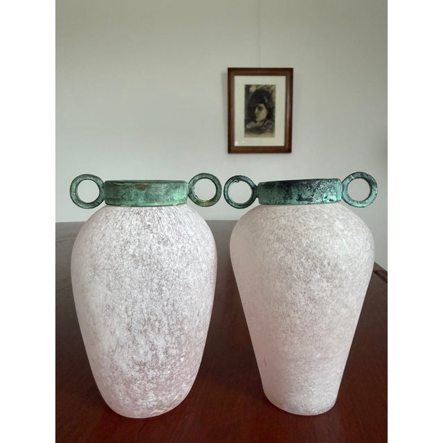 Pair of Scavo Murano-Style Glass Vessels Bud Vases Pink Verdigris Metal Handles For Sale - Image 12 of 18