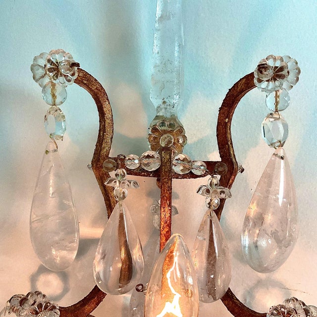 1950s French Country Large Rock Crystal and Goldleaf Wall Sconces - Pair For Sale - Image 11 of 16