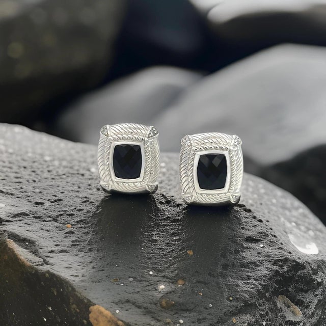 1990s 1990s Pair of Judith Ripka Estate Onyx Omega Back Earrings Sterling Silver 14 Grams For Sale - Image 5 of 13