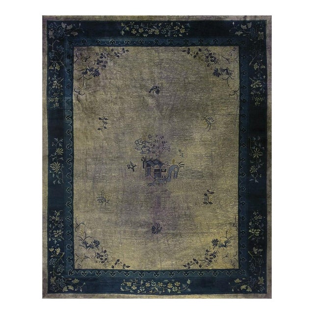 1920s Gray Field Antique Floral Deco Chinese Peking Rug Wool Area 9'3" X 11'6" For Sale